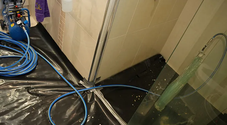 Pipe relining equipment set up in a shower recess